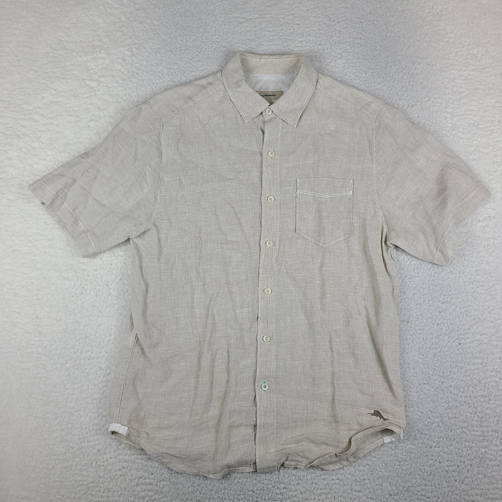 Tommy Bahama Shirt Mens Small Beige Linen Preppy Hawaiian Button Up Short Sleeve